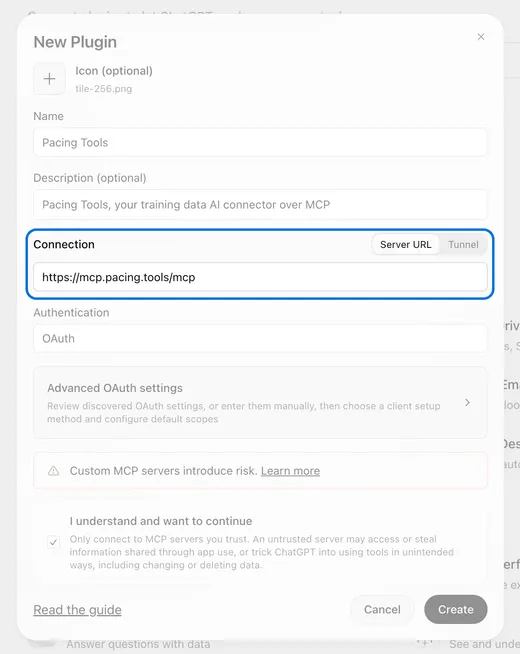 The New Plugin form filled in: name Pacing Tools, the link, OAuth, the risk box ticked