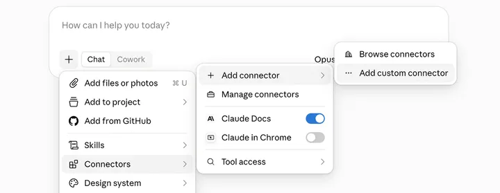 A new Claude chat with the plus menu open on Connectors, Add connector, Add custom connector