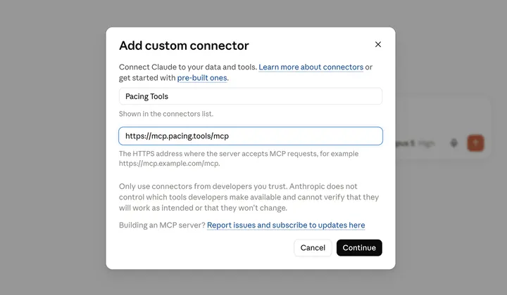 The Add custom connector dialog with the name Pacing Tools and the link https://mcp.pacing.tools/mcp