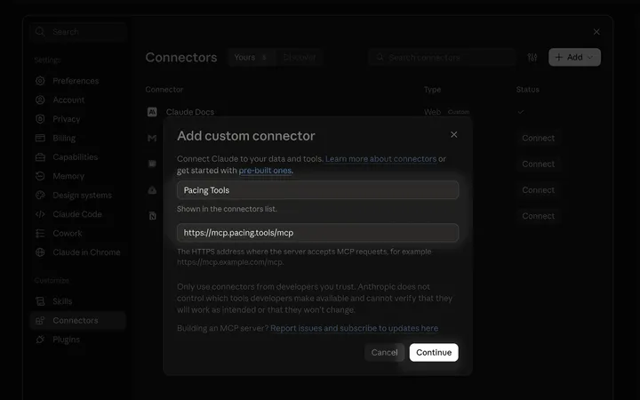 The Add custom connector dialog with the name Pacing Tools and the link https://mcp.pacing.tools/mcp