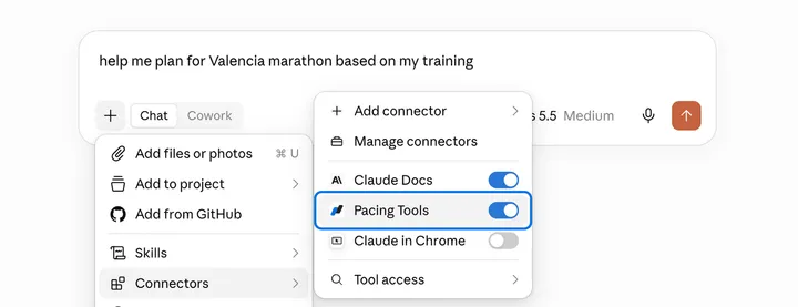The plus menu in a Claude chat, Connectors open, Pacing Tools switched on and outlined